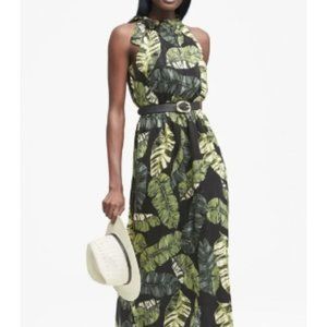 Banana Republic Tropical Palm Maxi Dress Tie Neck Size XS